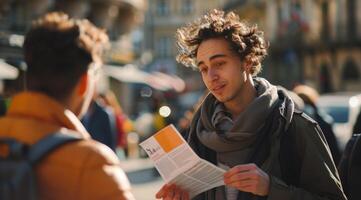 Man handing an advertising flyer to another in a busy urban setting. Exchange of promotional material on a city street. Concept of direct marketing, street promotion, and urban interaction. photo