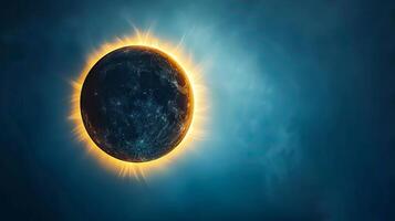 Solar eclipse over dark sky with glowing corona. Moon blocks the sun casting a dramatic silhouette. Concept of astronomy, celestial event, natural phenomenon, cosmic wonder photo
