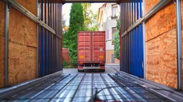 View from inside an empty shipping container with a truck in the background. Shipping container interior with a parked truck outside. Logistics, transportation, cargo, freight concept photo