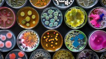 A diverse array of colorful bacteria cultures in Petri dishes. Microbial samples in various forms. Concept of microbiology, laboratory research, scientific studies, biological diversity photo