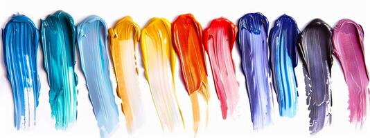 Colorful oil paint strokes in a row on a white background. Concept of vibrant art, painting materials, creative expression, abstract design. Paint stains isolated on white photo