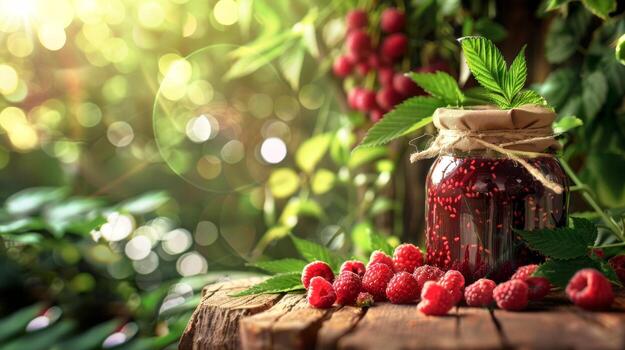 Jar of raspberry jam with fresh raspberries in a rustic outdoor setting. Concept of homemade preserves, organic food, fruit spread. Copy space photo