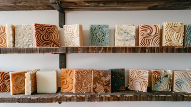 Bars of soap with intricate patterns, displayed on wooden shelves against a white background, natural light. photo
