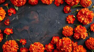 Marigold flowers on dark textured background. Copy space. Concept of floral arrangement, nature beauty, botanical design. Day of the Dead, Dia de los Muertos celebration. Greeting card photo