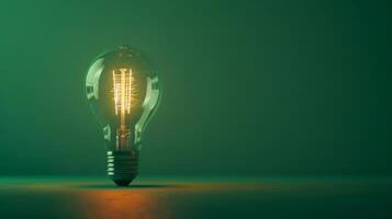 Glowing light bulb on green background. Concept of innovation, energy, efficiency, ideas, creativity. Copy space photo