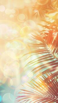 pastel verano tropical botánico antecedentes con palma hojas y bokeh efectos de moda fondo de pantalla con vibrante colores. Copiar espacio. Bosquejo para diseño. vertical foto
