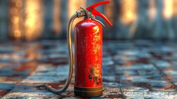 Old red fire extinguisher with visible wear and rust on a metallic surface backlit by sunlight. Concept of safety, emergency equipment, fire prevention, industrial design photo