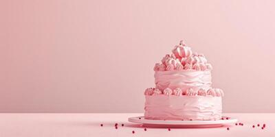 Elegant pink festive cake on a pastel pink background. Perfect for weddings, birthdays, and celebrations. Copy space photo