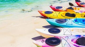 Sandy beach adorned with a lineup of vibrant kayaks against azure waters. Seaside sporting goods. Concept of aquatic sports, shore activities, and colorful recreation photo