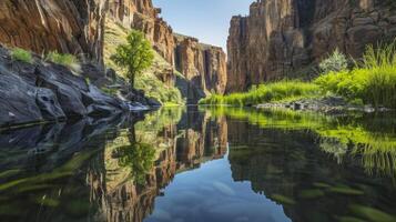 Serene canyon mirrored in a tranquil river with lush greenery. Calm gorge reflected in clear water with vibrant plants. Concept of natural beauty, tranquility, outdoor scenery, and reflection photo