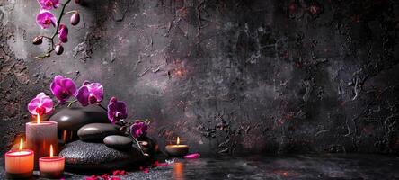 Elegant spa scene with purple orchids and candles on a dark backdrop. Mystical and luxurious spa setting. Concept of dramatic elegance, luxury wellness, and relaxing ambiance. Banner. Copy space photo