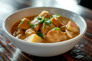 Massaman curry with potatoes and chicken, garnished with cilantro. Rich Thai curry served on plate. Concept of Thai cuisine, flavorful dishes, comfort food, Asian culinary photo