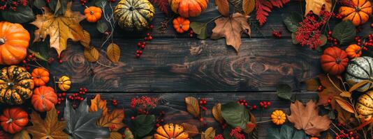Pumpkins with autumn leaves on dark wooden background. Festive Halloween arrangement. Copy space for message or invitation. Mockup. Concept of fall harvest, Thanksgiving, Halloween. Wide banner. photo