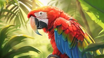 Scarlet macaw with vibrant plumage in lush tropical jungle. Concept of exotic bird, rainforest wildlife, colorful parrot, nature habitat photo