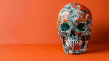 Vividly Painted Skull on an Orange Background. Concept of Halloween Decor, Day of the Dead, Artwork Skull Design. Copy space photo