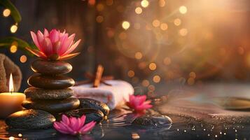 Calming spa scene with stacked stones, pink lotus, and flickering candles. Concept of meditation, relaxation, and zen atmosphere. Banner. Copy space photo
