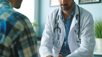 Doctor consulting a male patient in a clinic setting. Medical professional discussing health with an adult man. Concept of healthcare, patient care, medical advice, wellness photo