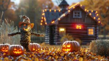 Halloween scarecrow in a pumpkin patch with a wooden house in the background. Concept of autumn decorations, spooky, fall season, Halloween holiday, rustic charm photo