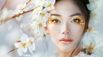 Asian woman with gold eyeshadow and flowers in hair. Concept of beauty, makeup, elegance, tranquility. Beautiful bride. Copy space photo