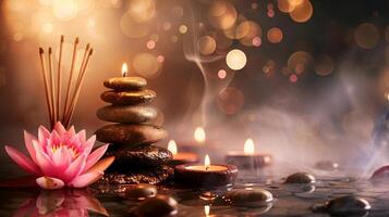 Lotus flower and massage stones with candles creating a tranquil spa scene. Serene setting with flower and warm candlelight. Concept of relaxation, meditation. Banner. Copy space photo