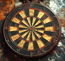 Rustic old dartboard on a weathered wall. Concept of vintage game, sportsmanship, accuracy, leisure activity photo