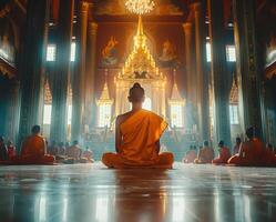 Orange-robed Buddhist monks practicing meditation in a temple. Concept of Buddhist rituals, serene worship, spiritual gatherings, and meditation photo