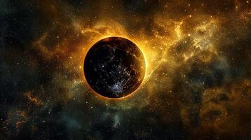 Solar eclipse with a glowing corona in a star-filled sky. Eclipse with radiant halo. Concept of astronomy, celestial events, cosmic phenomena, and solar observation photo