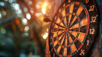 Close-up image of a dartboard with a dart hitting the bullseye. Concept of accuracy, precision, goal achievement, target focus photo