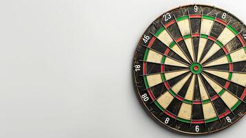 Close-up view of a dartboard on a blank background. Concept of darts, target practice, precision, competitive games. Isolated on white background. Banner. Copy space photo