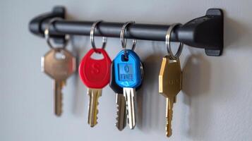 Various colored keys hanging on a key rack against a white background. Concept of security, organization, keyholder, home essentials, car keys photo