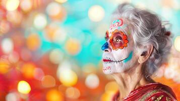 Elderly woman with colorful Day of the Dead makeup. Senior lady with Dia de los Muertos face paint. Concept of cultural heritage, festive celebration, traditional costume, Halloween. Copy space photo