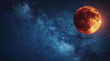 Red moon glowing in a starry sky. Crimson lunar surface amidst stars. Concept of space, astronomy, celestial phenomena, beauty. Copy space photo
