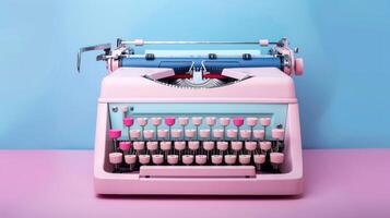 Retro pink typewriter. Vintage typing machine. Concept of writing, nostalgia, and old-fashioned technology photo