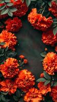 Orange marigolds flowers arranged on dark background. Copy space. Concept of floral arrangement, nature beauty, botanical design. Day of the Dead, Dia de los Muertos. Greeting card. Vertical photo