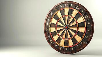 Close-up view of a dartboard on a blank background. Concept of darts, target practice, precision, competitive games. Isolated on white background. Banner. Copy space photo
