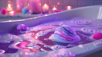 Purple bath bomb dissolving in a bathtub with soft candle lighting. Fizzy bath bomb creating a luxurious bath experience. Concept of indulgence and relaxation in a spa setting. photo