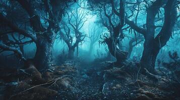 Mystical forest with foggy path. Concept of nature, atmosphere, mystery, Halloween night, and wilderness photo