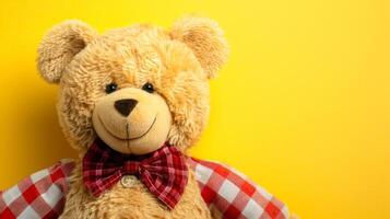 Fluffy bear with a red bowtie against a yellow background. Cute stuffed toy for children. Concept of playtime, childhood, comfort, softness. Copy space photo