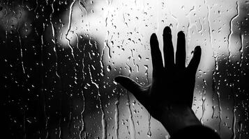 Black and white image of a hand touching a rain-covered window. Concept of melancholy, solitude, longing, emotional photo