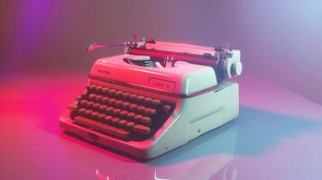 Retro pink typewriter. Vintage typing machine. Concept of writing, nostalgia, and old-fashioned technology. Neon photo