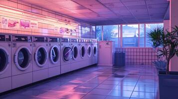 Public laundromat with neon lights and sleek washing machines. High-tech laundry facility. Concept of technology, efficiency photo