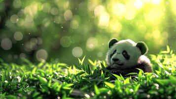 Adorable Panda Cub Relaxing in Lush Green Forest Captured in Sunlight. Perfect for Nature and Wildlife Themes photo