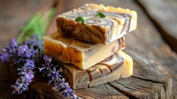 Stacked lavender soap bars accompanied by lavender flowers, set against a sparkling light backdrop. Aromatic herbal soap. Concept of soothing skincare, natural wellness, and fragrant bath products. photo