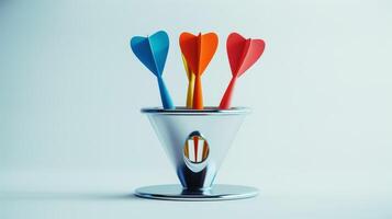 Colorful darts in a modern metal holder on a light background. Concept of dart sports, target practice, precision games, contemporary design photo