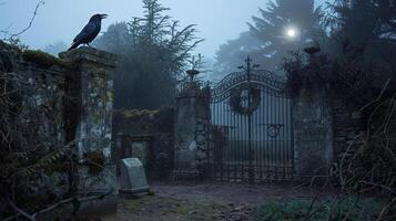 Foggy graveyard with an iron gate and a crow perched on a pillar. Eerie cemetery scene with gravestones. Spooky atmosphere, Halloween night, gothic setting concept photo