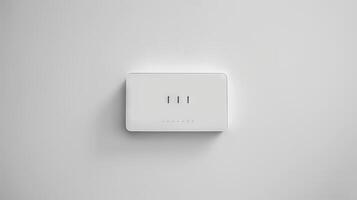 Minimalist white Wi-Fi router mounted on a white wall. Concept of modern technology, wireless internet, home networking, sleek design photo
