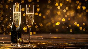 Champagne flutes with sparkling wine on a festive background. Elegant celebration setting with golden lights. Concept of luxury, celebration, and New Year's Eve. Copy space. photo
