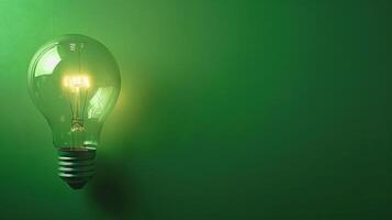 Glowing light bulb on green background. Concept of innovation, energy, efficiency, ideas, creativity. Copy space photo