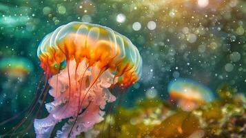 Illuminated jellyfish in a sunlit underwater scene. Glowing aquatic depiction. Concept of deep-sea beauty, marine life, and radiant ecosystems photo