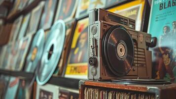 Retro Music Player in Vintage Record Store with Classic Albums. Concept of retro cassette tape player, music memorabilia, historical soundtracks, and cultural nostalgia photo